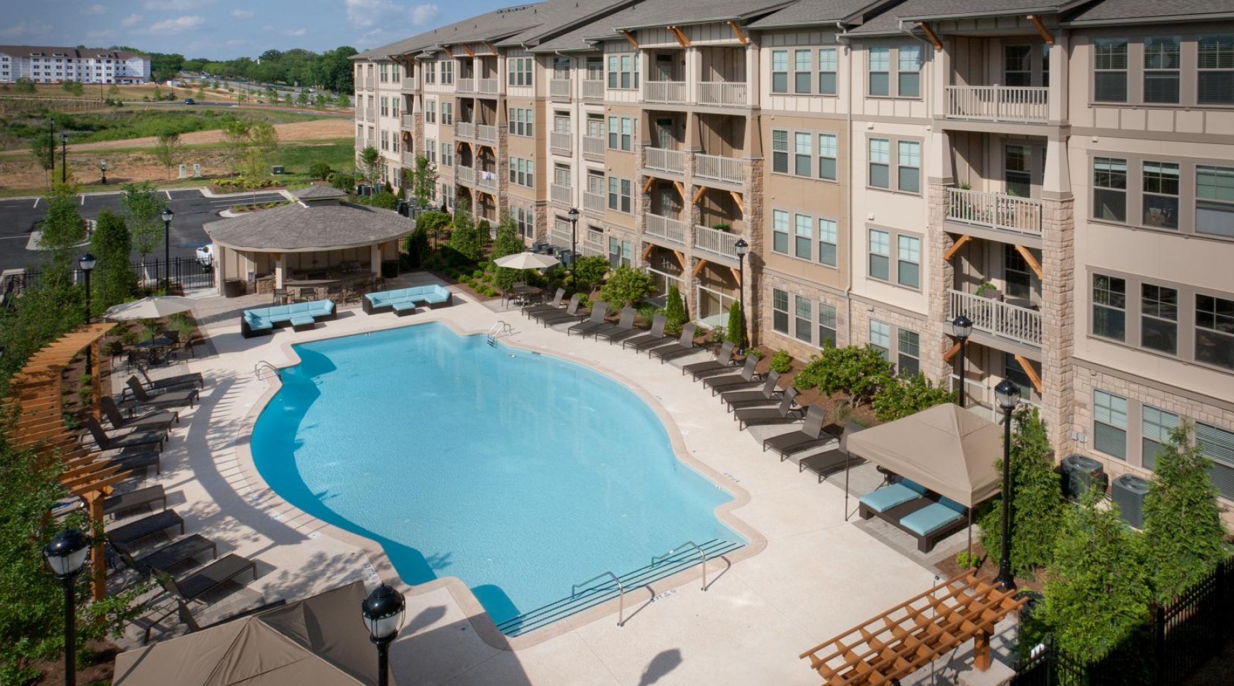 Resort-style swimming pool a swimming pool in a large building